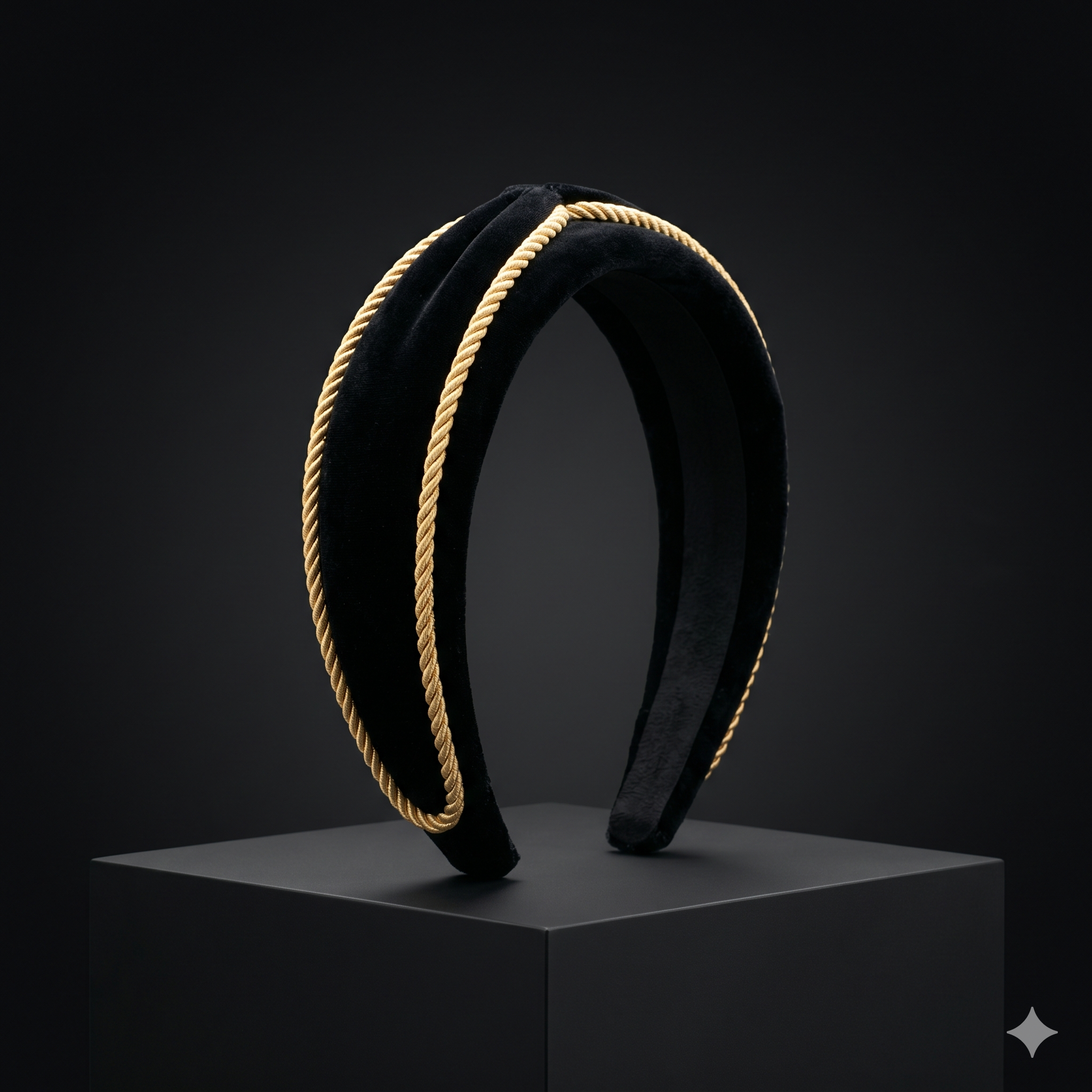 The Marquis — black velvet headband with gold rope trim